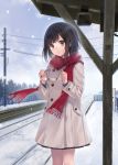  1girl black_hair blush brown_eyes coat fukahire_sanba glasses glasses_removed looking_at_viewer original railroad_tracks red_scarf scarf short_hair skirt sky snow snowing solo train_station 