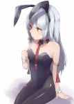  1girl animal_ears bunnysuit cuffs kantai_collection long_hair murakumo_(kantai_collection) necktie pantyhose rabbit_ears roll_okashi sitting white_hair 