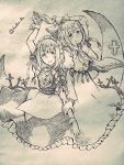  2girls bow crescent cross dress gengetsu hair_bow maid maid_headdress monochrome mugetsu multiple_girls red_bow ribbon short_hair siblings sisters sketch smile touhou touhou_(pc-98) traditional_media twitter_username wadante wings 