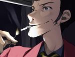  1boy arsene_lupin_iii black_eyes black_hair cigarette close-up facial_hair fire lighting_cigarette lo_(pixiv14046691) lupin_iii male_focus matchstick necktie portrait smile solo stubble 