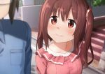  1boy 1girl blurry brown_eyes brown_hair dacchi depth_of_field doma_taihei dress ebina_nana glasses highres himouto!_umaru-chan looking_at_another out_of_frame outdoors road short_hair smile stairs street twintails 