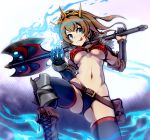  1girl :3 :q battle_axe belt black_panties blue_eyes blue_fire boots breasts brown_hair collar crown fire gauntlets long_hair looking_to_the_side original over_shoulder panties pecolondon pouch spiked_collar spikes ten_kurairakon_teikoku-gun thigh-highs tongue tongue_out under_boob underwear weapon weapon_over_shoulder zipper 