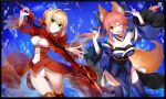  2girls \n/ ahoge animal_ears azusa_(sarie303030) bare_shoulders blonde_hair blue_legwear bow breasts caster_(fate/extra) cleavage detached_sleeves dress epaulettes fang fate/extra fate_(series) fox_ears fox_tail green_eyes hair_bow hair_ribbon japanese_clothes multiple_girls one_eye_closed open_mouth pink_hair ribbon saber_extra solo sword tail thigh-highs twintails weapon yellow_eyes 