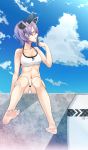  1girl ankh_(ankh_05) bikini blush clouds highres kantai_collection playing_with_own_hair purple_hair short_hair sky solo swimsuit tenryuu_(kantai_collection) 