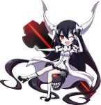  1girl ;d ^_^ anchorage_water_oni black_hair chibi closed_eyes dress high_heels horns kantai_collection long_hair minarai one_eye_closed open_mouth red_eyes shinkaisei-kan smile solo very_long_hair white_dress 