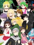  3boys 6+girls ao_oni bangs black_cat black_eyes black_hair blonde_hair bloody_knife blue_eyes brown_hair cat closed_eyes commentary_request copyright_request crossover flower garry_(ib) glasses green_eyes green_hair hair_ornament highres hiroshi_(ao_oni) holding holding_knife ib ib_(ib) kanzaki_shiori key kirisame_ga_furu_mori madotsuki majo_no_ie mary_(ib) mermaid_swamp multiple_boys multiple_girls open_mouth orange_eyes purple_hair red_eyes rose scarf sidelocks silver_hair suga_koutarou viola_(majo_no_ie) yamazaki_rin yume_nikki 