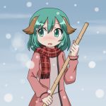  1girl :o animal_ears bamboo_broom blush broom dog_ears dress green_eyes green_hair kasodani_kyouko looking_afar mikan_imo nose_blush scarf short_hair snowing solo sweeping touhou 