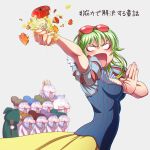  1girl apple blush cosplay crushing dress dwarf_(grimm) food fruit goggles goggles_on_head green_eyes green_hair gumi highres short_hair snow_white snow_white_(cosplay) snow_white_and_the_seven_dwarfs vocaloid wokada 