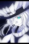  blue_eyes collar glowing glowing_eyes hat highres kantai_collection long_hair looking_at_viewer niwatazumi one_eye_covered open_mouth teeth white_clothes white_hair wo-class_aircraft_carrier 