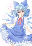  1girl blouse blue_dress blue_eyes blue_hair blush bow cirno dress dress_shirt eyebrows_visible_through_hair hair_bow highres ice ice_wings maru-pen open_mouth puffy_short_sleeves puffy_sleeves ribbon shirt short_hair short_sleeves smile solo touhou white_blouse white_shirt wings 