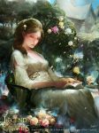  1girl 2015 aloysia_(legend_of_the_cryptids) book bush chair company_name copyright_name crowgod dress flower hair_flower hair_ornament highres house legend_of_the_cryptids official_art ponytail reading signature sitting white_dress 