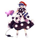  1girl :d baba_(baba_seimaijo) blob blue_eyes blue_hair book doremy_sweet dress ears hand_on_hip hat highres layered_dress nightcap open_mouth pom_pom_(clothes) smile tail touhou transparent_background 
