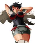  1girl absurdres black_hair breasts cloak grin higana_(pokemon) highres looking_at_viewer over-kneehighs pokemon pokemon_(game) pokemon_oras red_eyes sharumon short_hair short_shorts shorts smile solo thigh-highs 