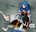  2girls blood bloody_clothes broken comforting commentary fuente hat hat_removed headwear_removed injury kumoi_ichirin multiple_girls murasa_minamitsu rain tears torn_clothes touhou water wet wet_clothes 