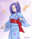  1girl arudebido highres japanese_clothes kimono kurokawa_eren long_hair precure purple_hair seiren_(suite_precure) side_ponytail solo suite_precure sweat twitter_username yellow_eyes yukata 
