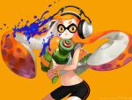  1girl bike_shorts fantchi inkling long_hair mask midriff navel orange_eyes orange_hair paint_splatter solo splatoon squid super_soaker tentacle_hair 