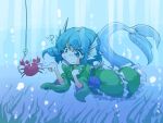  1girl animal_ears bait blue_eyes blue_hair crab drill_hair head_fins japanese_clothes kimono mermaid monster_girl obi sash shinapuu short_hair solo touhou underwater wakasagihime 