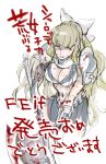  1girl armor battle_axe blonde_hair blood blood_on_breasts blood_on_face bloody_weapon blue_eyes bow breasts charlotte_(fire_emblem_if) cleavage fire_emblem fire_emblem_if grin hair_bow holding holding_axe kozaki_yuusuke large_breasts long_hair navel smile solo translation_request weapon white_bow 