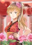  1girl absurdres blonde_hair breasts china_dress chinese_clothes dress earrings flower green_eyes hair_flower hair_ornament hair_stick hand_on_hip high_ponytail highres jewelry long_hair original portrait red_dress sash soft_focus solo yggdrasil_(664018742) 