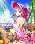  1girl bird cat fence flower gabe_(seelunto) hair_flower hair_ornament hat lake long_hair looking_back picnic pintail purple_hair rose sandwich soda_can solo sword_girls violet_eyes water_droplets 