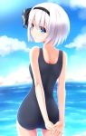  1girl arms_behind_back ass bare_shoulders blue_eyes blue_sky blue_swimsuit clouds cowboy_shot day evandragon from_behind hair_ribbon hairband highres konpaku_youmu looking_back ocean parted_lips ribbon school_swimsuit short_hair silver_hair sky solo standing swimsuit touhou water 