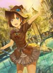  1girl blue_eyes brown_hair building dress hat highres original reflection rikkido solo stairs sunset tree water witch_hat 