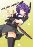  1girl black_legwear breasts english eyepatch gloves headgear highres kantai_collection kurenaidahlia multiple_girls necktie partly_fingerless_gloves purple_hair school_uniform short_hair smile solo sword tenryuu_(kantai_collection) thigh-highs weapon yellow_eyes zettai_ryouiki 