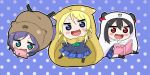  3girls animal_costume artist_request ayase_eli blonde_hair blue_eyes blush book chibi green_eyes himouto!_umaru-chan hood long_hair love_live!_school_idol_project multiple_girls open_mouth picture_frame purple_hair school_uniform short_hair sitting smile sooki toujou_nozomi yazawa_nico 