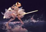  1girl ahoge armor armored_dress ask_(askzy) blonde_hair commentary_request dress excalibur fate/stay_night fate/unlimited_codes fate_(series) gauntlets hair_ribbon long_hair ponytail revision ribbon saber saber_lily solo standing standing_on_water sword water weapon 