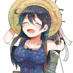  1girl aa_gun arms_behind_head blue_swimsuit breasts closed_eyes hat itomugi-kun kantai_collection long_hair machinery one-piece_swimsuit polka_dot polka_dot_swimsuit remodel_(kantai_collection) school_swimsuit smile smokestack solo sun_hat swimsuit ushio_(kantai_collection) 