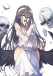  1girl albedo bare_shoulders black_hair black_wings elbow_gloves gloves hands_clasped highres horns long_hair looking_at_viewer low_wings open_mouth overlord_(maruyama) skull solo wings yellow_eyes zzzzxxx2010nian 
