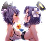  2girls bikini black_bikini blush breast_press breasts closed_eyes drink drinking eyepatch flower hair_flower hair_ornament headgear kantai_collection large_breasts mechanical_halo multiple_girls purple_hair short_hair swimsuit tatsuta_(kantai_collection) tenryuu_(kantai_collection) white_bikini white_swimsuit yellow_eyes yuki_no_iori 