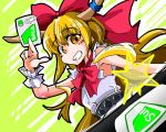  1girl blonde_hair bow grin hair_bow horn_ribbon horns ibuki_suika long_hair pun ribbon shinapuu smile solo suica touhou yellow_eyes 