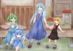  4girls :o ascot black_shoes black_skirt black_vest blonde_hair blue_bow blue_dress blue_eyes blue_hair blue_shirt blue_skirt blue_vest bow bowtie brown_shoes building cirno collar commentary daiyousei dress fairy_wings green_eyes green_hair grin hair_bow hair_ribbon highres holding_hands ice ice_wings kamishirasawa_keine loafers long_hair long_sleeves mary_janes multiple_girls necktie no_hat outstretched_arm paper ponytail red_bow red_eyes red_necktie red_ribbon ribbon rumia shirt shoes short_hair short_sleeves shou_(ahiru_shinobu) skirt smile sock_bow socks stool table touhou wings yellow_bow yellow_eyes 