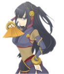  1girl black_hair bloom bodystocking bracelet bridal_gauntlets detached_sleeves fan fire_emblem fire_emblem_if folding_fan grey_eyes hairband hand_on_hip holding jewelry long_hair mitsuni ring simple_background solo syalla_(fire_emblem_if) two_side_up white_background 