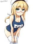 1girl aqua_eyes blonde_hair blush breasts cleavage collarbone cowboy_shot don_(29219) glasses hair_ribbon hands_on_own_knees hat i-8_(kantai_collection) kantai_collection large_breasts leaning_forward looking_at_viewer low_twintails name_tag red-framed_glasses ribbon school_swimsuit semi-rimless_glasses simple_background sketch smile solo swimsuit thigh-highs twintails twitter_username under-rim_glasses white_background white_legwear 
