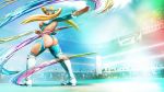  1girl :o absurdres ass blonde_hair blue_eyes breasts crowd curvy domino_mask floating_hair from_behind full_body highres large_breasts leotard long_hair looking_back mask official_art open_mouth outstretched_arm rainbow_mika solo_focus standing street_fighter street_fighter_v twintails twisted_torso wrestling_outfit wrestling_ring 