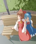  2girls :o ahoge ascot bench blue_bow blue_dress blue_hair blush_stickers bow bowtie brown_eyes brown_hair cirno collar commentary detached_sleeves dress hair_bow hair_tubes hakurei_reimu highres japanese_clothes miko multiple_girls nature nontraditional_miko pale_(pixiv) pole red_bow red_skirt red_vest shirt short_hair short_sleeves sitting skirt sleeping sleeping_on_person smile sweatdrop touhou white_shirt 