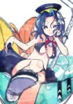  1girl bikini black_bikini blue_hair blurry breasts cleavage cup depth_of_field drink flower hair_flower hair_ornament ice in_container in_cup kantai_collection looking_at_viewer mechanical_halo minigirl negi_(ulogbe) sandals short_hair smile solo swimsuit tatsuta_(kantai_collection) violet_eyes 