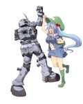  1girl :d backpack bag blue_eyes blue_hair blush boots breasts cabbie_hat collared_shirt crossover damaged green_boots gundam gundam_ms_igloo hat jacket kawashiro_nitori key kuresento large_hat mecha miniskirt open_mouth real_steel rubber_boots shirt short_hair_with_long_locks side_ponytail simple_background skirt smile strap_cleavage touhou white_background zudah 