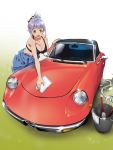  1girl alfa_romeo breasts brush bucket car cleavage commentary_request hair_ornament highres hose motor_vehicle original overalls pointy_ears poncho_s purple_hair sports_bra vehicle washing yellow_eyes 