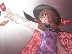  1girl brown_eyes brown_hair cape card glasses hat low_twintails mefomefo opaque_glasses pleated_skirt red-framed_glasses shirt short_hair skirt smile touhou twintails usami_sumireko vest 