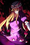  1girl alternate_eye_color black_background blonde_hair blood blood_splatter blue_eyes bow breasts commentary_request dark dress elbow_gloves evil_smile eyelashes frown gap gloves hair_bow highres light lips long_hair looking_at_viewer mob_cap pointy_nose puffy_short_sleeves puffy_sleeves purple_dress red_eyes shaded_face short_sleeves smile solo talking taut_clothes taut_dress tokita_yuki_(artist) touhou very_long_hair white_gloves wide-eyed wind yakumo_yukari 