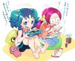  2girls alternate_hairstyle barefoot bike_shorts blue_eyes blue_hair character_doll feet game_console glasses hair_bobbles hair_ornament hanasaki_tsubomi handheld_game_console heartcatch_precure! inkling kurumi_erika long_hair moudoku_(decopon3rd) multiple_girls pink_hair playing_games precure short_hair sitting soles splatoon tablet toes translated twintails wii_u 