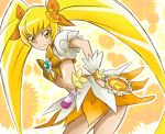  1girl arudebido blonde_hair bow brooch crop_top cure_sunshine hair_bow heartcatch_precure! jewelry long_hair magical_girl myoudouin_itsuki orange_bow orange_skirt precure shiny_tambourine skirt smile solo sparkle twintails wrist_cuffs yellow_eyes 