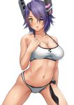  bare_shoulders bikini blush breasts cleavage collarbone cowboy_shot eyepatch hand_on_own_chest headgear highres kantai_collection large_breasts looking_at_viewer navel purple_hair sakiyamama short_hair swimsuit tenryuu_(kantai_collection) white_background white_swimsuit yellow_eyes 
