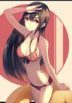 1girl arm_up ass bare_arms bikini black_hair breasts cleavage hadean92 highres light_smile long_hair looking_at_viewer navel original red_eyes revision solo swimsuit 