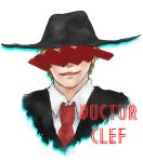  1boy alto_clef blonde_hair censored character_name hat highres identity_censor male_focus necktie open_mouth scp_foundation seneo simple_background smile solo white_background 
