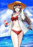  1girl akagi_(kantai_collection) bikini breasts brown_hair chaigidhiell cleavage clouds collarbone hat kantai_collection long_hair low-tied_long_hair navel open_clothes open_shirt red_bikini shaved_ice shirt solo sun_hat swimsuit water yellow_eyes 