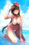  1girl bikini black_hair breasts brown_eyes cleavage flower hair_flower hair_ornament hand_up hibiscus kneeling long_hair looking_at_viewer original partially_submerged ponytail settyaro smile solo swimsuit water white_bikini white_swimsuit 